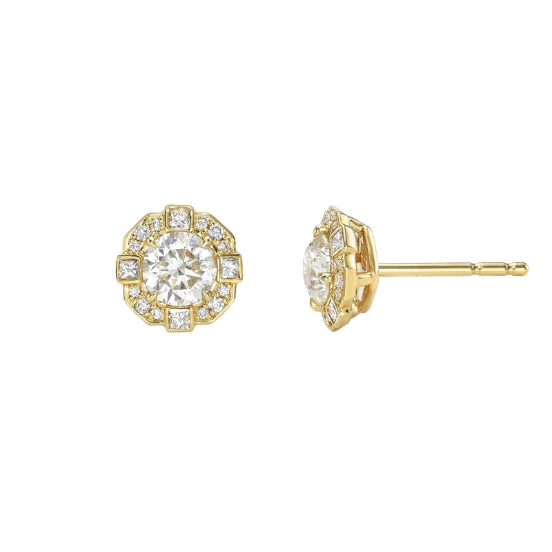 Diamond studs in halo setting in multi-shaped diamonds