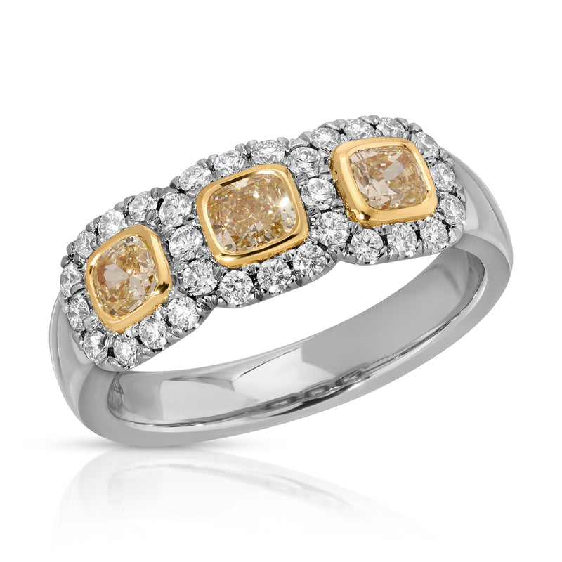 Fancy Yellow diamonds cushion cut in arrays of Three stones